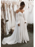 Off Shoulder Ivory Chiffon Pearl Buttons Back Wedding Dress Off Shoulder Ivory Chiffon Pearl Buttons Back Wedding Dress